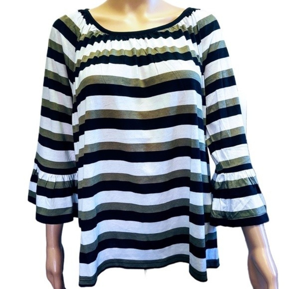 NWT MICHAEL KORS BASICS STRIPED ARMY GREEN BELL SLEEVES/SCOOP NECK TOP LARGE